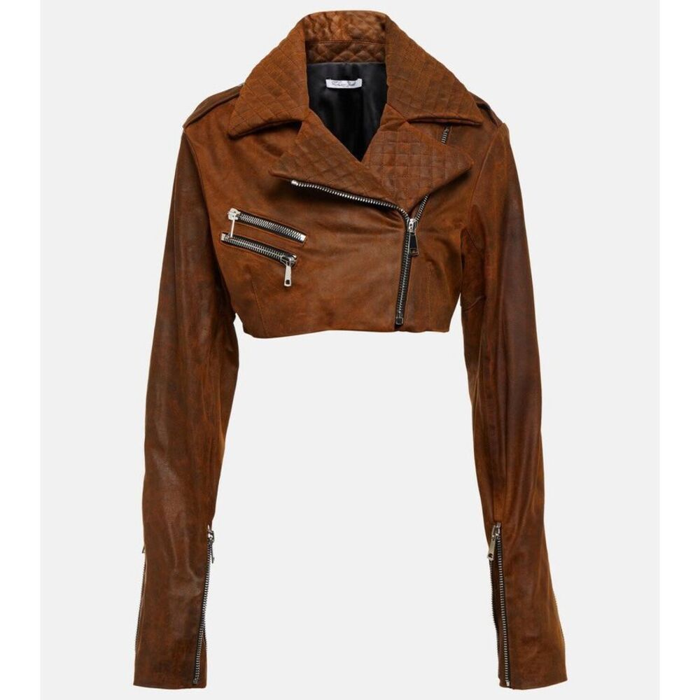 LaQuan Smith Brown Cropped Leather Moto Jacket